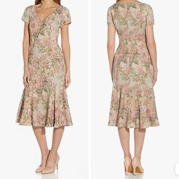 NWT ADRIANNA PAPELL DRESS 8 FLORAL MIDI MATELASSE TRUMPET COCKTAIL GOLD SHIMMER - Picture 1 of 15